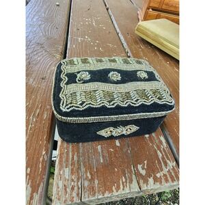 Vintage Velvet Sequined Jewelry‎ Box, Glass Beaded Top Satin Lined